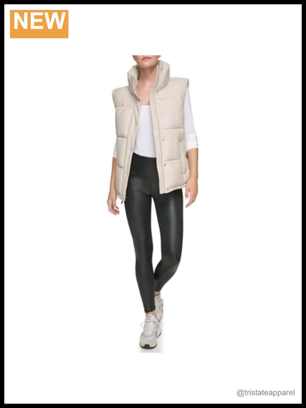 Faux Leather Funnel Collar Puffer Vest, Women's Sleeveless Zip Front